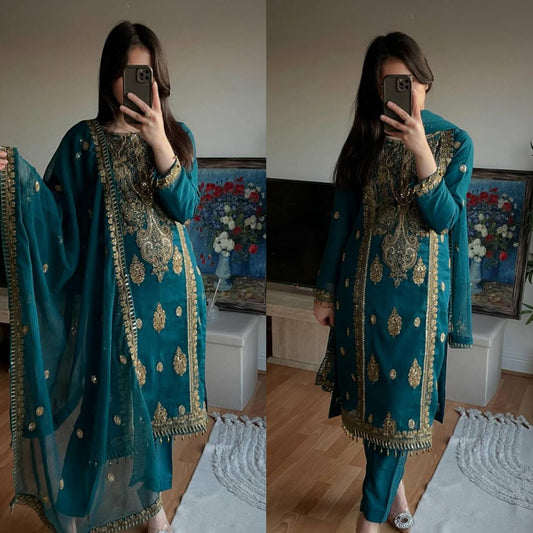 Teal Dream Meets Royal Gold Embroidery Chinnon Silk Suit Set
