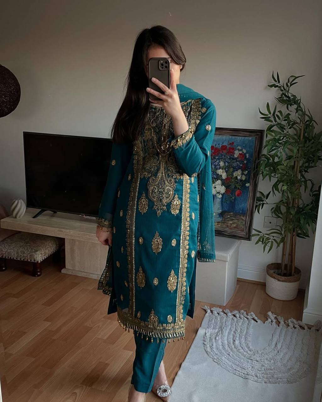Teal Dream Meets Royal Gold Embroidery Chinnon Silk Suit Set