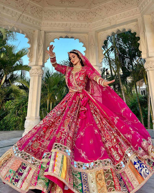 Pink Real Mirror & Print Work Navratri Lehenga Choli