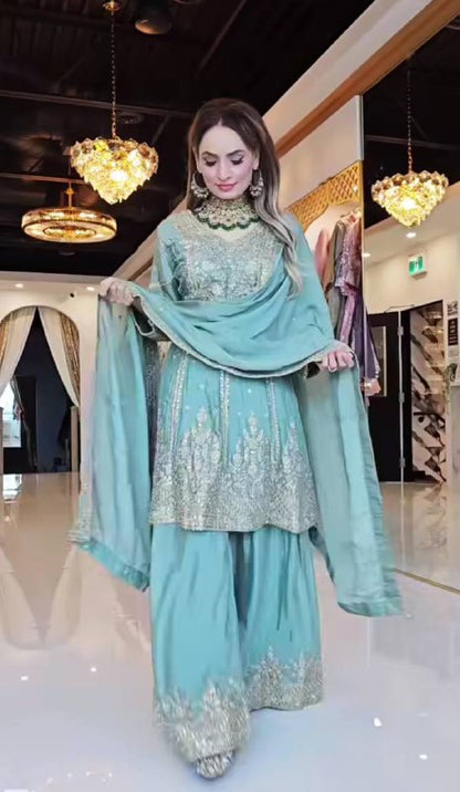 Ameera Radiant Royal Touch Mustard & Aqua Hand-Embroidered Sharara Suit