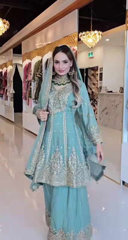 Ameera Radiant Royal Touch Mustard & Aqua Hand-Embroidered Sharara Suit