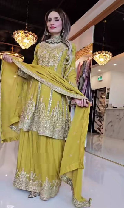 Ameera Radiant Royal Touch Mustard & Aqua Hand-Embroidered Sharara Suit