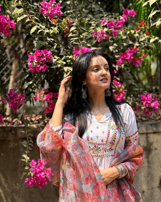 Blush Petal Hand Embroidered Cotton Anarkali Set with Floral Dupatta Set