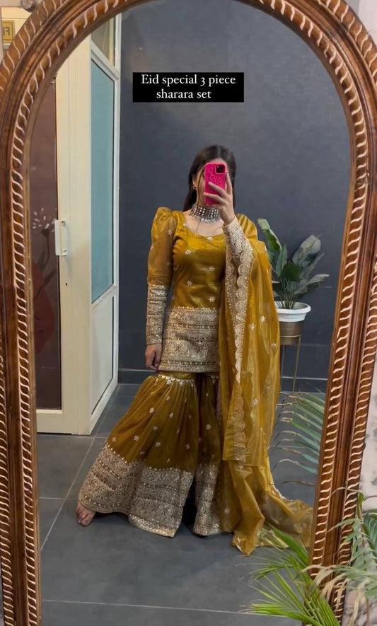 Desi Drape Dream Royal wear Mustard Sharara Set