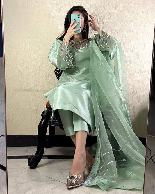 Rayaan A Mint Green Dream Beauty Designer Wear Beads Work Kurti Pant Set