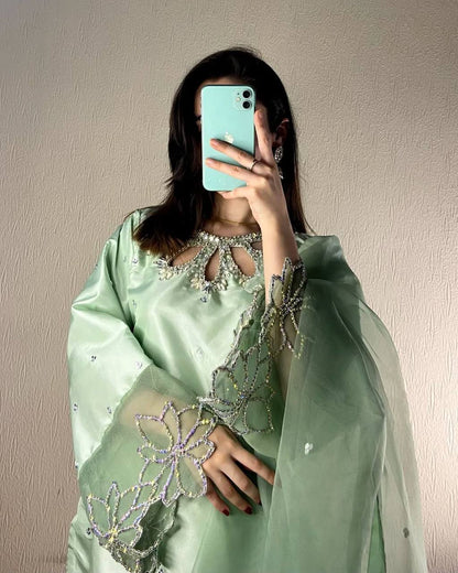 Rayaan A Mint Green Dream Beauty Designer Wear Beads Work Kurti Pant Set