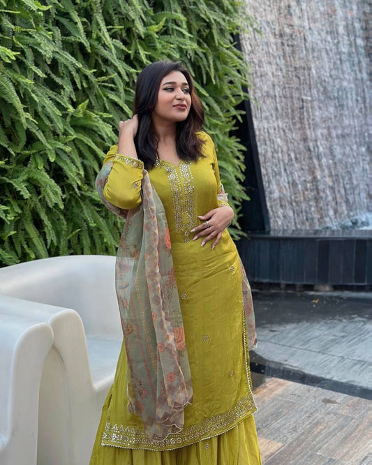Sitara Olive Gold Handcrafted Festive Flair Sharara Set