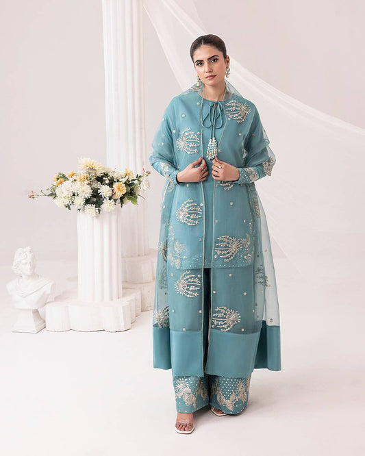 Teal Elegance Embroidered Suit Set