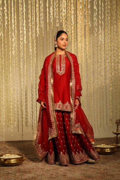 Crimson Embrace Blooming in Red Tradition Top Plazzo Set