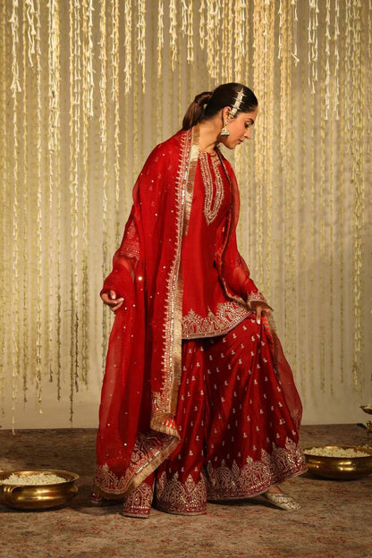 Crimson Embrace Blooming in Red Tradition Top Plazzo Set