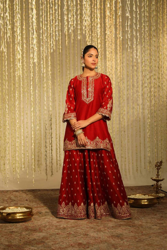 Crimson Embrace Blooming in Red Tradition Top Plazzo Set