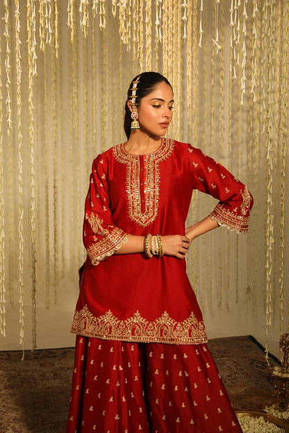 Crimson Embrace Blooming in Red Tradition Top Plazzo Set