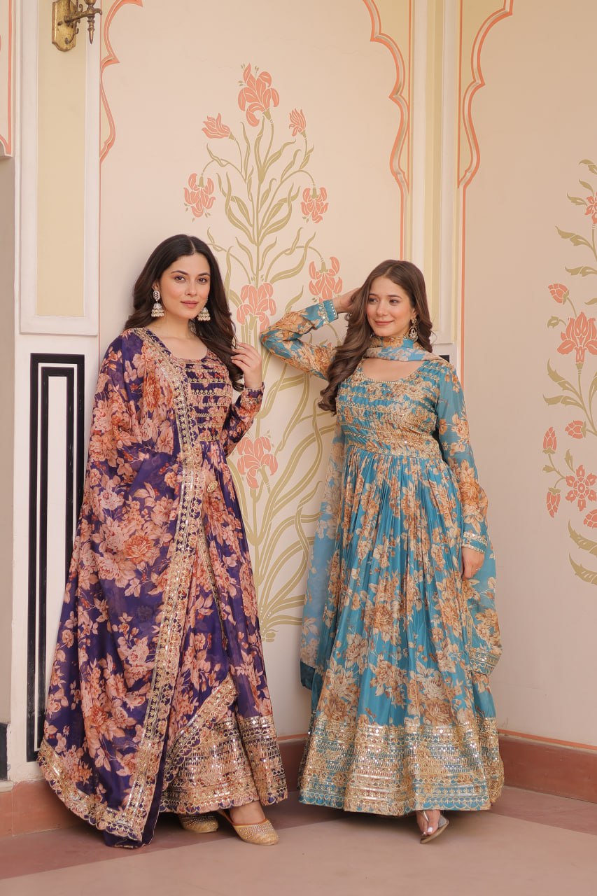 Ruhi Russian Silk Rich  Digital Print With Embroidered Sequins Work Gown