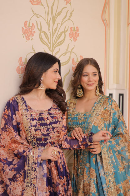 Ruhi Russian Silk Rich  Digital Print With Embroidered Sequins Work Gown