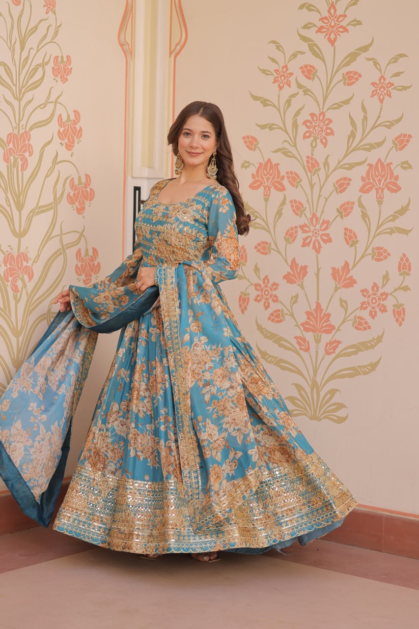 Ruhi Russian Silk Rich  Digital Print With Embroidered Sequins Work Gown