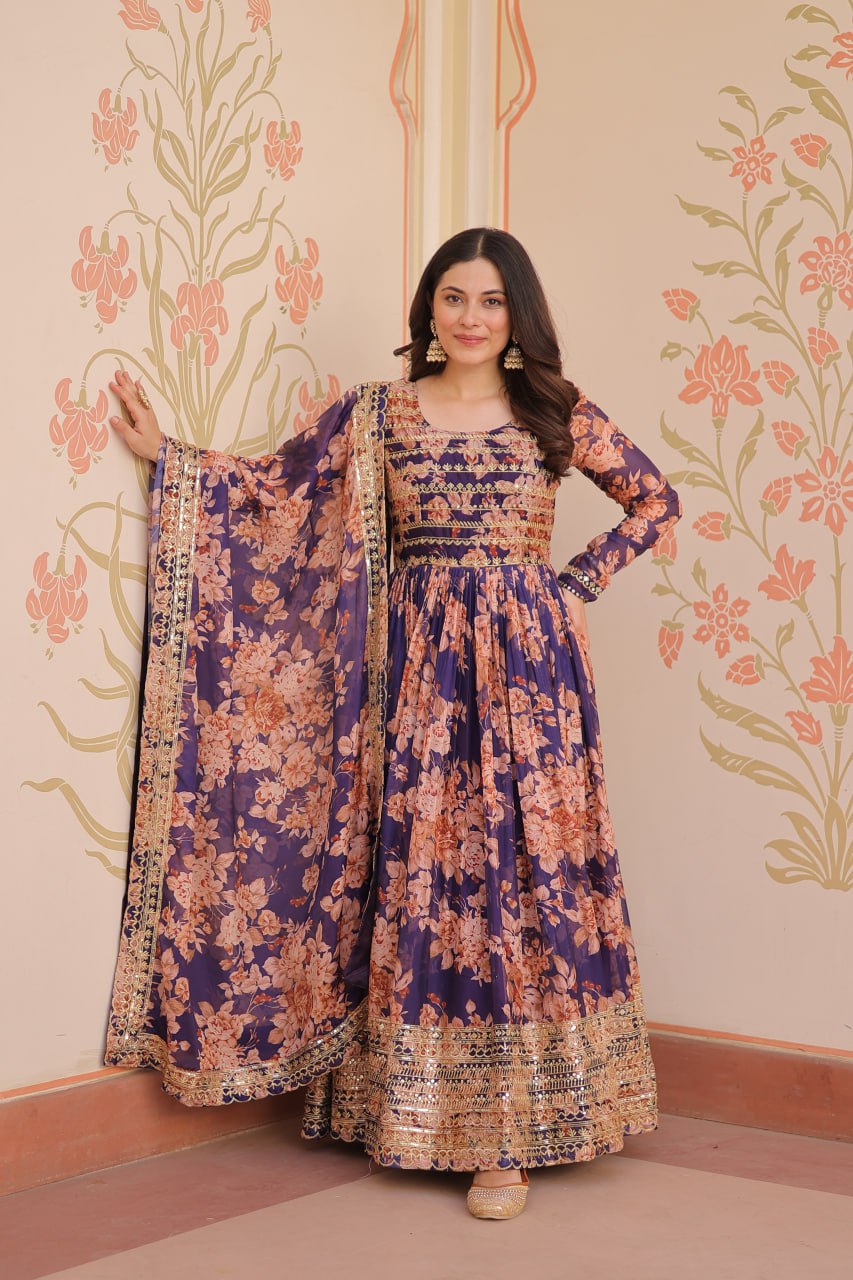 Ruhi Russian Silk Rich  Digital Print With Embroidered Sequins Work Gown
