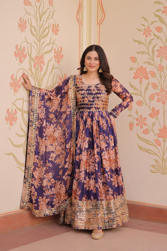 Ruhi Russian Silk Rich  Digital Print With Embroidered Sequins Work Gown