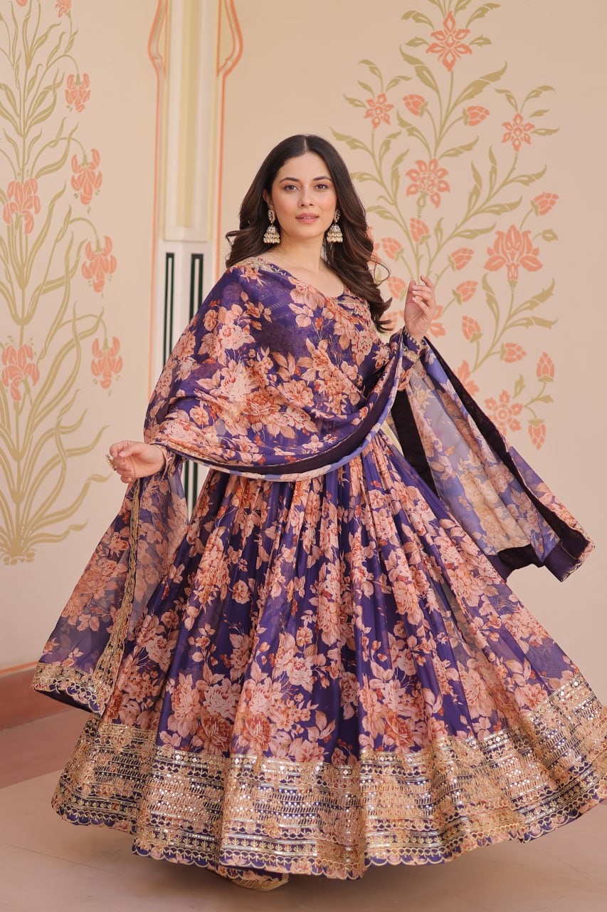 Ruhi Russian Silk Rich  Digital Print With Embroidered Sequins Work Gown