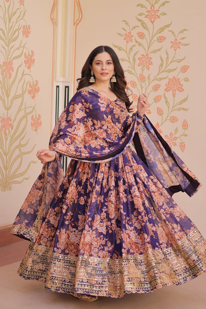 Ruhi Russian Silk Rich  Digital Print With Embroidered Sequins Work Gown