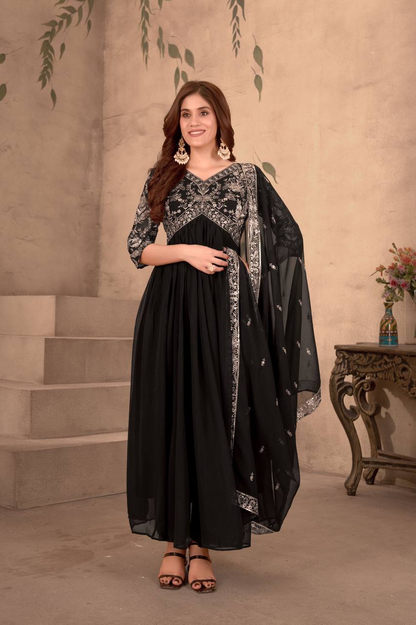 Black Color Faux Georgeet Embroidery Gown