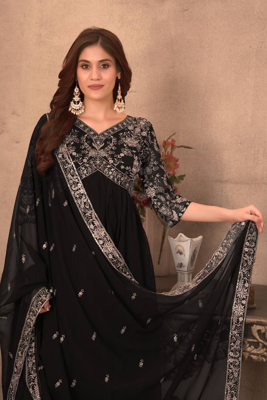 Black Color Faux Georgeet Embroidery Gown