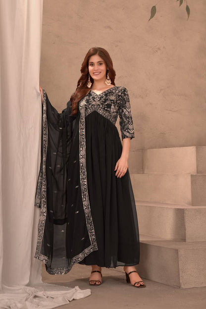 Black Color Faux Georgeet Embroidery Gown