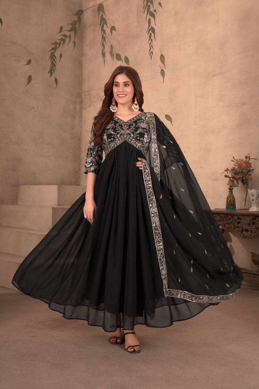 Black Color Faux Georgeet Embroidery Gown