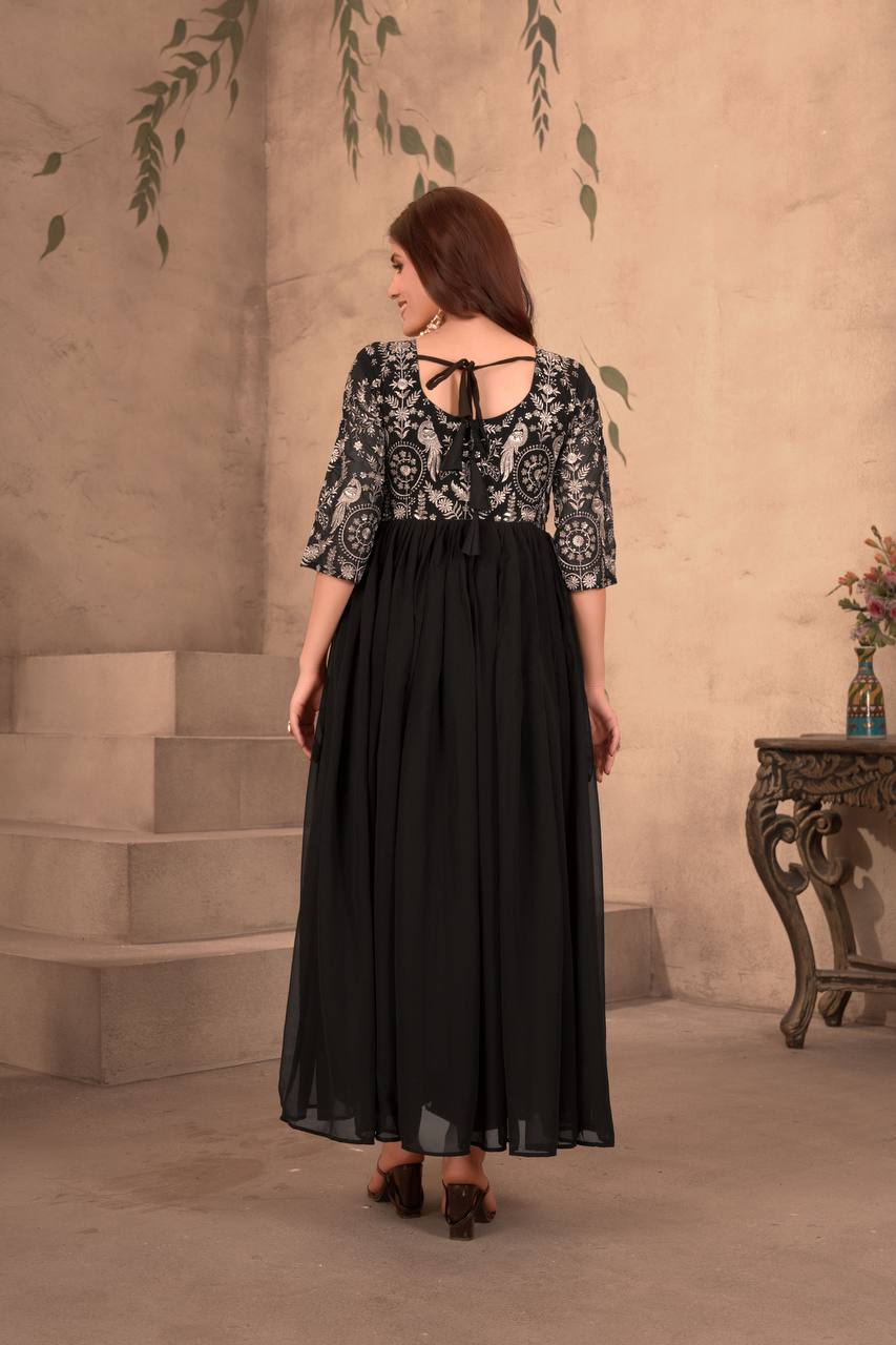 Black Color Faux Georgeet Embroidery Gown