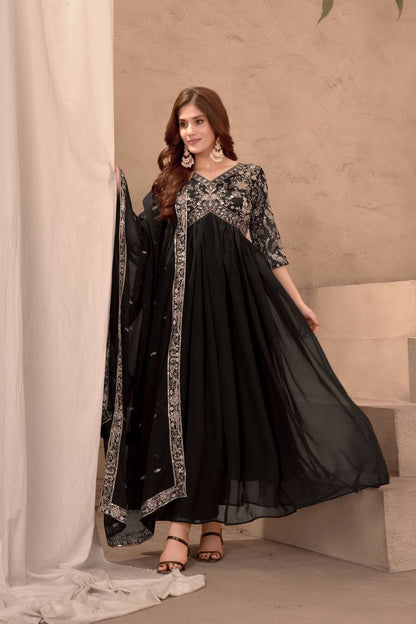 Black Color Faux Georgeet Embroidery Gown