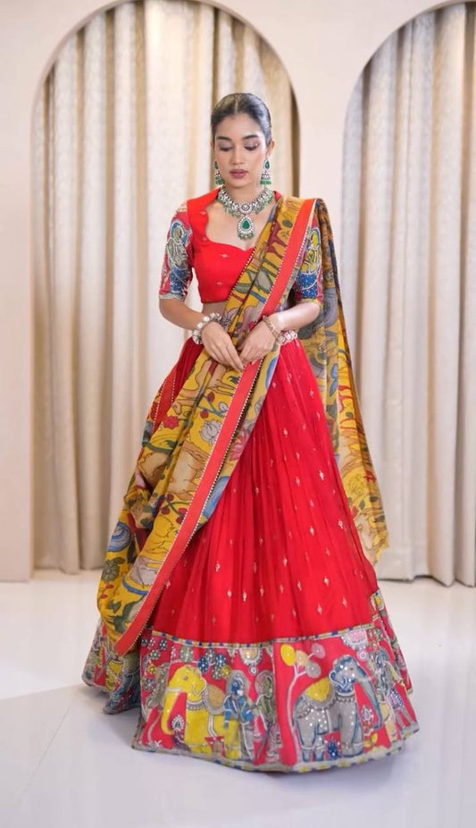 KALAMKARI PRINT WITH EMBROIDERY WORK LEHENGA CHOLI