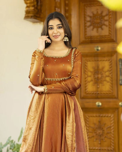 Rust Orange Designer Traditional Outfit  Fendi silk Gown