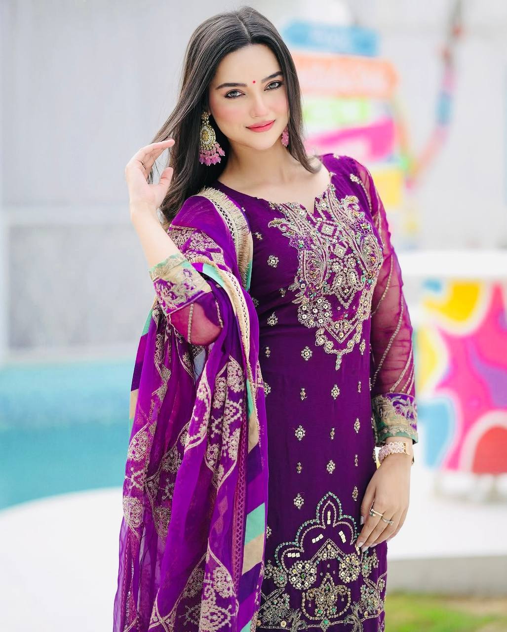 Royal Riwaz Deep Purple Antique Embroidery & Gota Borders Plazzo Set