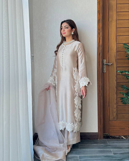 Pearl Veil Luxe Hand Embroidered Natural Silk Classic Long Kurta Set