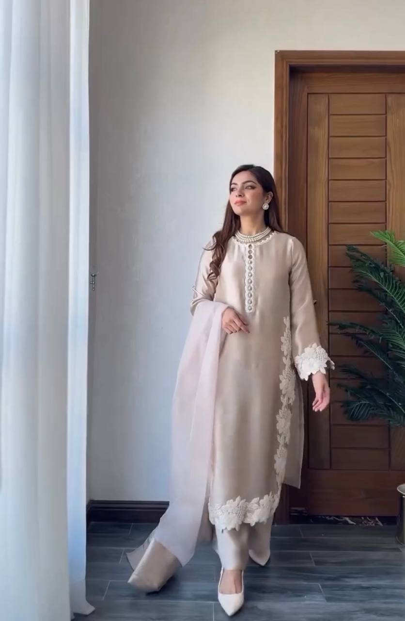 Pearl Veil Luxe Hand Embroidered Natural Silk Classic Long Kurta Set