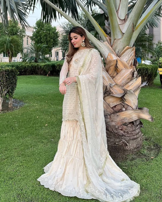 Khwab Dreamy Layered Traditional Ivory Glamour Sharara Set