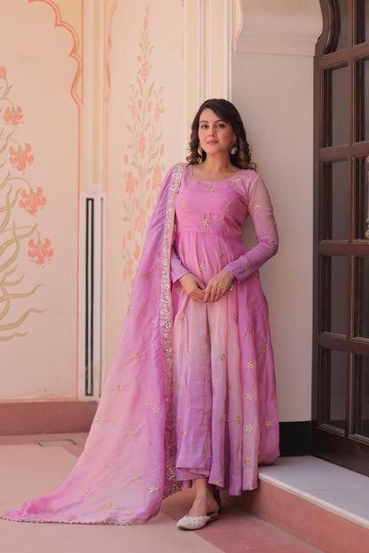 Ziya-e-Gul - Gold Organza with Sequins-Multi Embroidered Work Anarkali gown