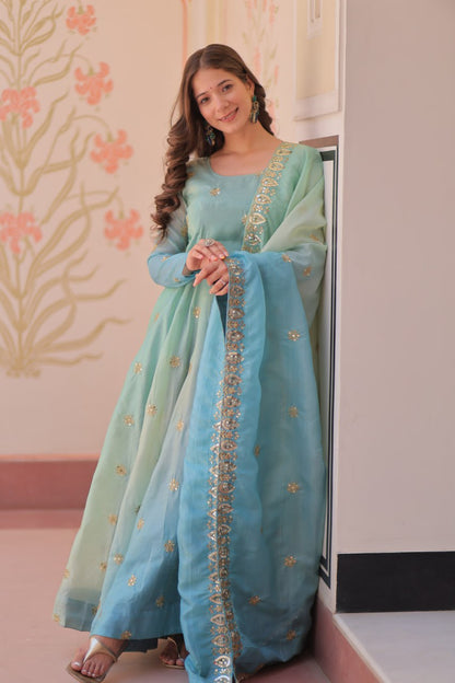 Ziya-e-Gul - Gold Organza with Sequins-Multi Embroidered Work Anarkali gown