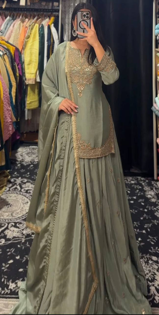 Festive Flame Green Ensemble with Antique Gold Embroidery Lehenga