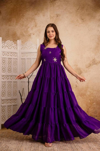 Zunaira Royal Bloom  Deep Purple Tiered Anarkali Dress with Hand Embroidered Dupatta