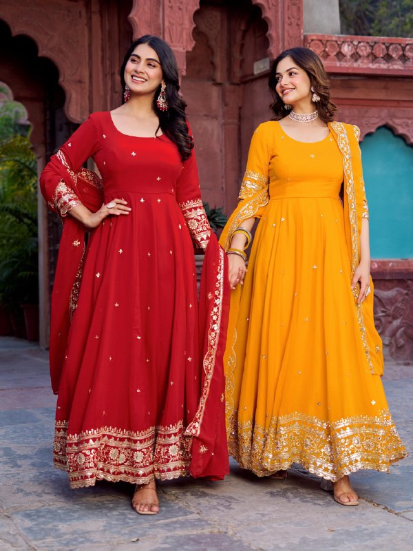 Twirl of Tradition Maroon Majesty and Mustard Glow Anarkali Gowns