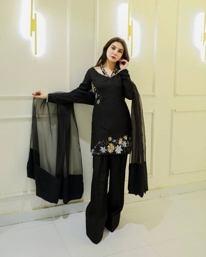 Luxurious Black Outfit with Hand Embroidered Blossoms Suit Set