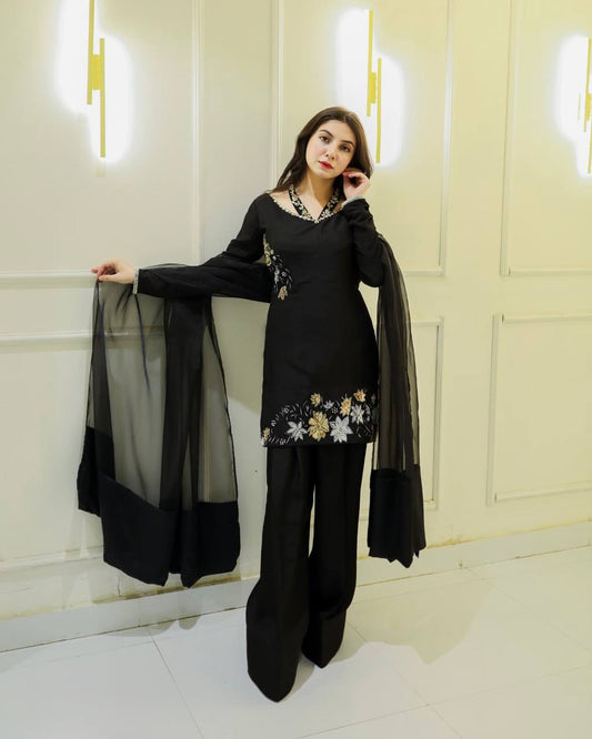 Luxurious Black Outfit with Hand Embroidered Blossoms Suit Set