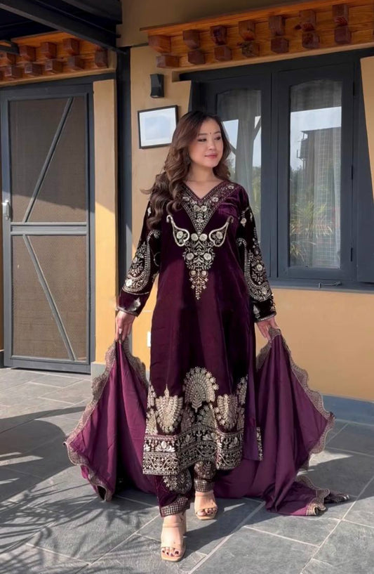 Designer Party Wear Look Heavy Viscose Velvet Suit Set