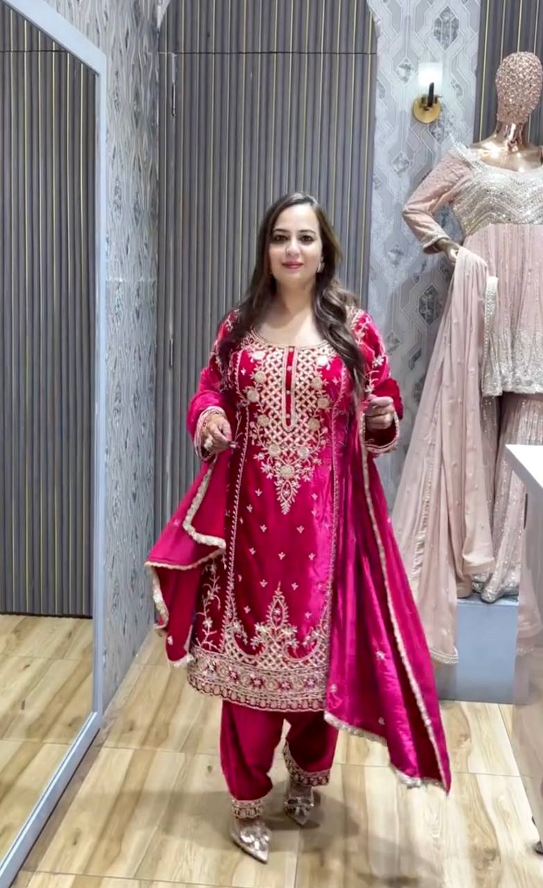 Viscous Velvet With Heavy Embroidery Top -Pent  Dupatta Set
