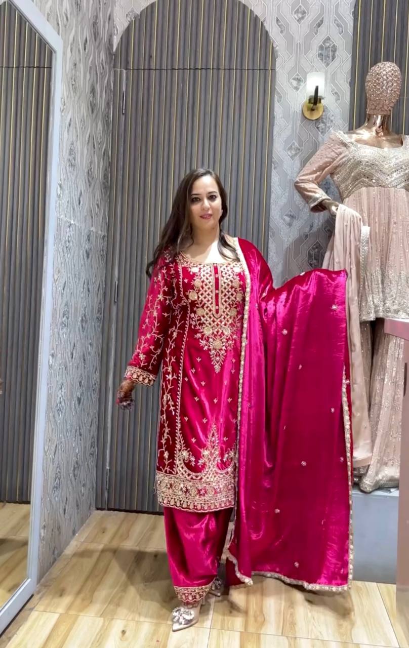 Viscous Velvet With Heavy Embroidery Top -Pent  Dupatta Set