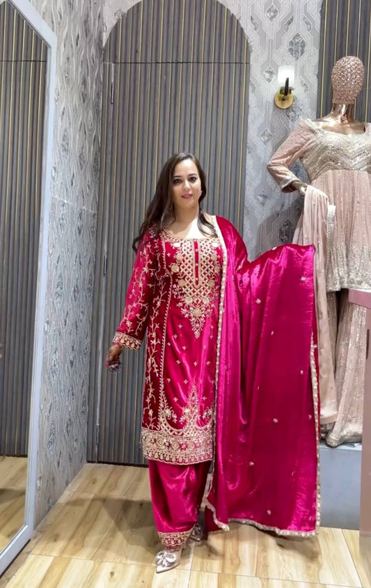 Viscous Velvet With Heavy Embroidery Top -Pent  Dupatta Set