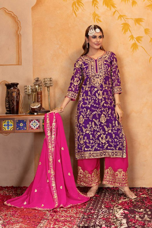 Punjabi Blossom New Designer Heavy Fuax Georgette Fancy Top With Plazzo Suit Set