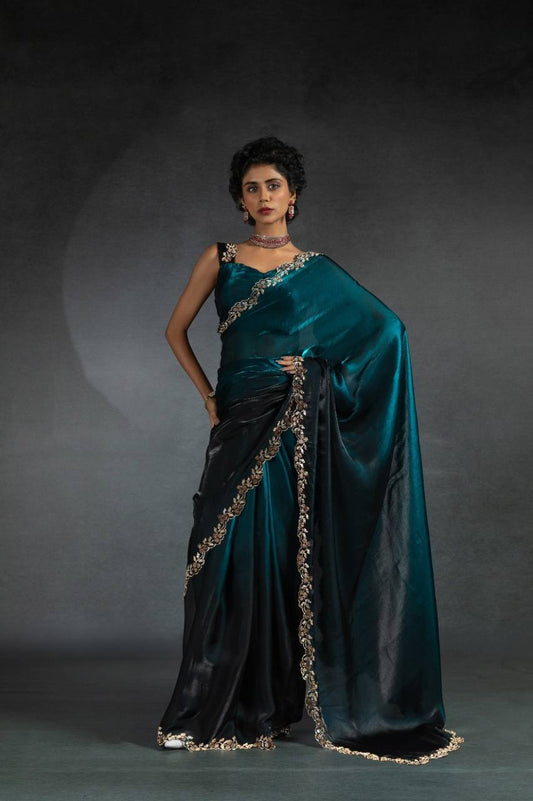 Opulent Ocean Handcrafted Teal & Black Silk Golden Embroidery Saree