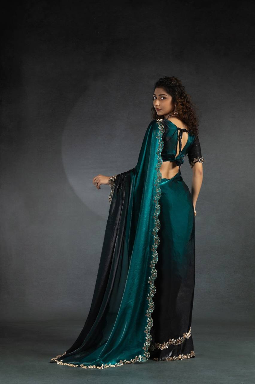 Opulent Ocean Handcrafted Teal & Black Silk Golden Embroidery Saree