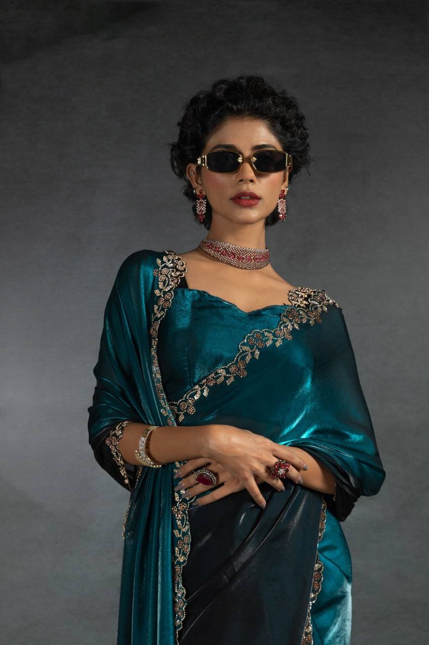 Opulent Ocean Handcrafted Teal & Black Silk Golden Embroidery Saree